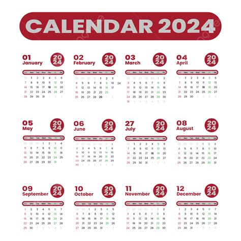 Calendário 2024 Em Estilo Simples Vermelho Vetor Png Calendário 2024