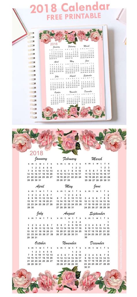 Free Printable 2018 Rose Calendar Girly Planner Mini Planner Planner