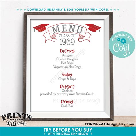 Editable Grad Menu Board Graduation Party Menu For Reunion Custom