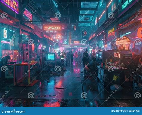 Cyberpunk Market With Neon Tech Gadgets Stock Illustration