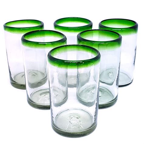 Buy Mexhandcraft Emerald Green Rim 14 Oz Drinking Glasses Set Of 6 Recycled Glass Lead Free