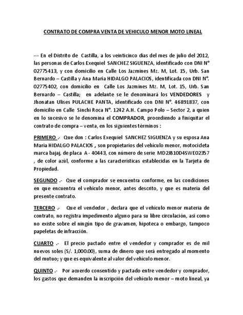 Contrato De Compra Venta De Vehiculo Menor Moto Lineal Luiza
