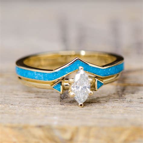 Yellow Gold Marquise Diamond And Turquoise With Turquoise Stacking Band