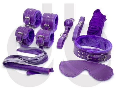 Purple Real Leather Bondage Set Kit Faux Fur Lined Blindfold Collar