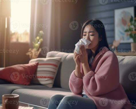 Ai Generative Sick Young Asian Woman Sit Under Blanket On Sofa And