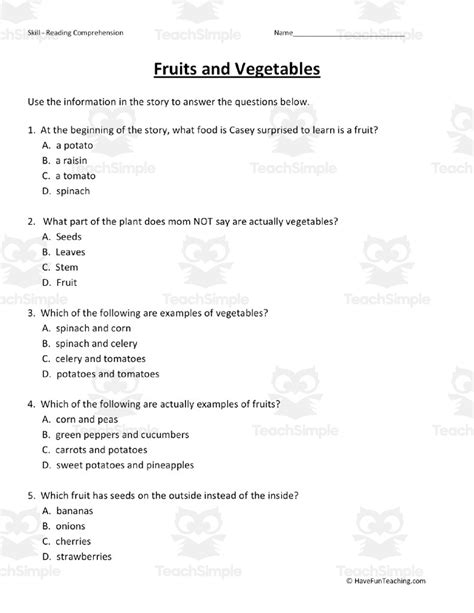 Fruits And Vegetables Reading Comprehension Worksheet By Teach Simple
