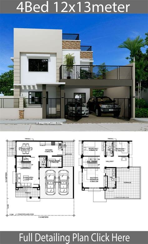 Planos Y Fachada De Casa De Dos Plantas Con Dormitorios Y Garage My