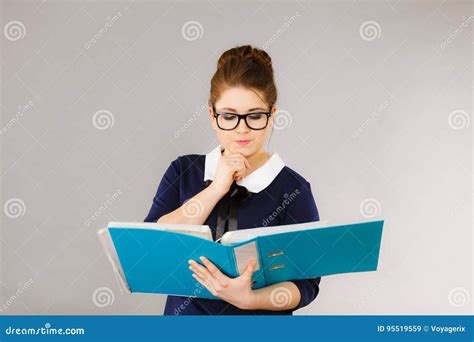 Woman Thinking Holds File Folder With Documents Stock Image Image Of Corporate Collar 95519559