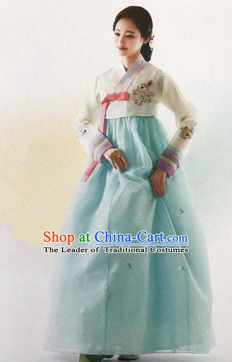 Traditional Korean Handmade Embroidery Bride Hanbok Blue Full Dress Top Grade Korea Hanbok