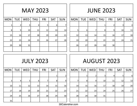 May To August 2023 Calendar Template May June July August Month