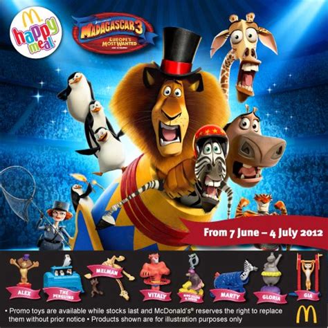 A toy is typically included with the food, both of which are usually contained in a box with the mcdonald's logo. Malaysia McDonald's Happy Meal: Madagascar 3 Toys ...