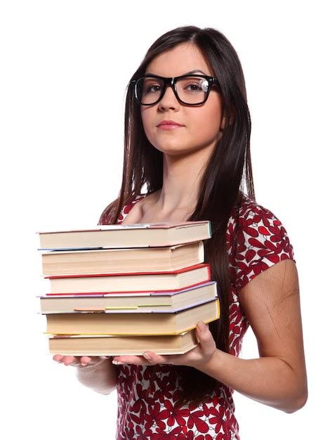 Premium Photo Beautiful College Girl In Glasses Standing And Holding Books