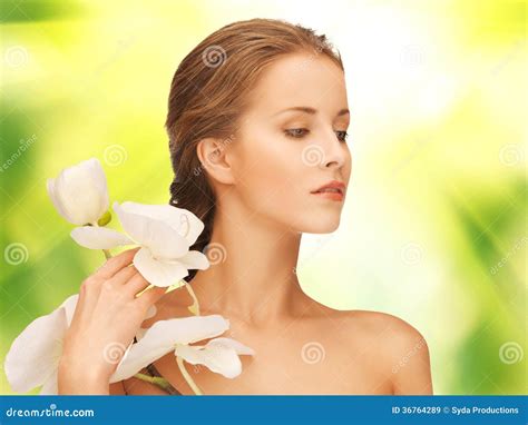 Beautiful Woman With Orchid Flower Stock Image Image Of Girl Organic 36764289