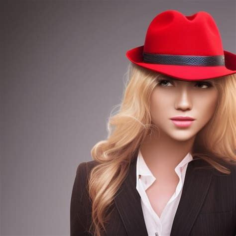 Elegant Blonde Woman Wearing Red Fedora White Shirt And And Tie Over