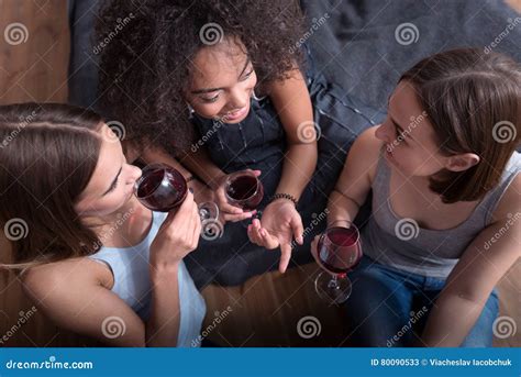 Merry Girls Drinking Wine And Having Exciting Conversation Stock Image Image Of Cheerful
