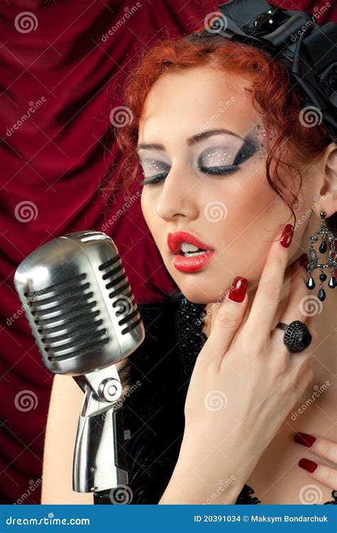 Redhead Woman Singing Into Vintage Microphone Stock Images Image