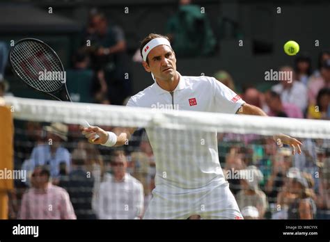 Swiss Tennis Player Roger Federer Playing Forehand Volley During 2019