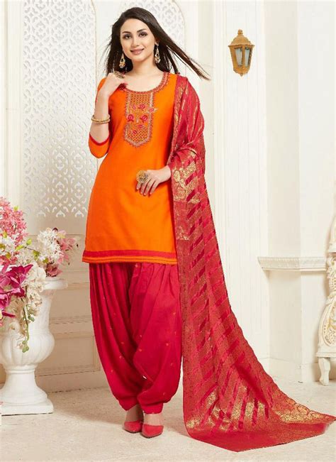 Orange Jam Silk Cotton Party Wear Patiala Suit Banarsi Patiala 1032