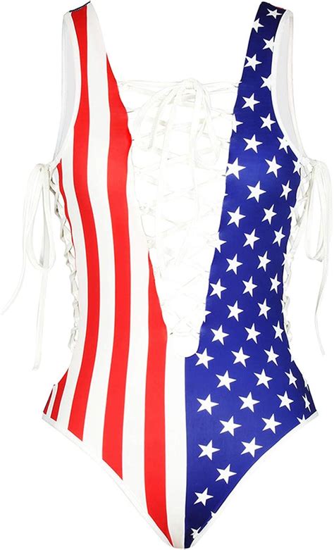 Women Sexy Swimsuit America Flag Fringe Bandage Monokini Suit Patriotic