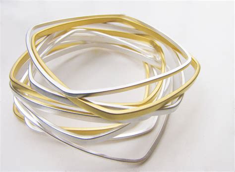 Square Bangles Gold And Silver Dipped Set Of Nine Narrow Etsy Gold