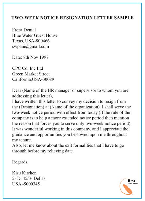 Two Week Notice Resignation Letter Sample Best Letter Template