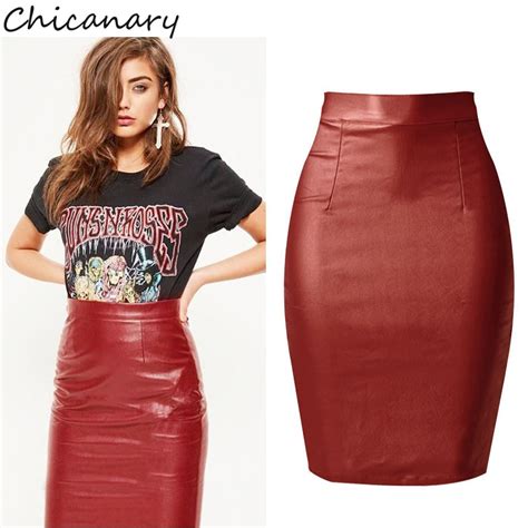chicanary women wine red pu skirts elastic skinny pencil knee length faux leather skirts plus