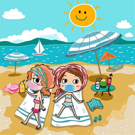 summer holiday bikini girls on the beach hand drawn cartoon vector stock vector illustration