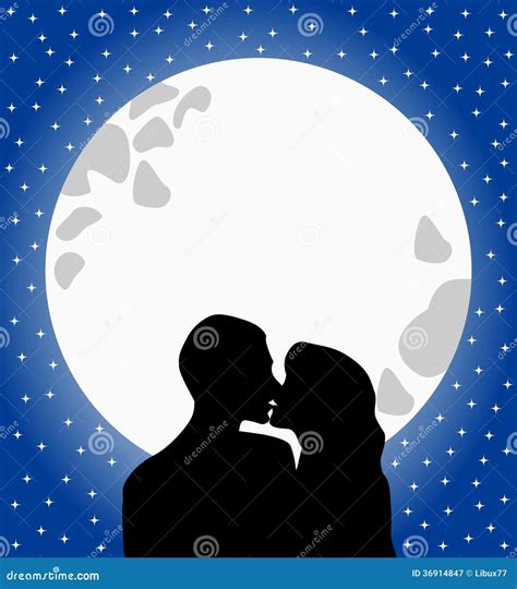 Os Amantes Mostram Em Silhueta O Beijo No Luar Ilustração Do Vetor