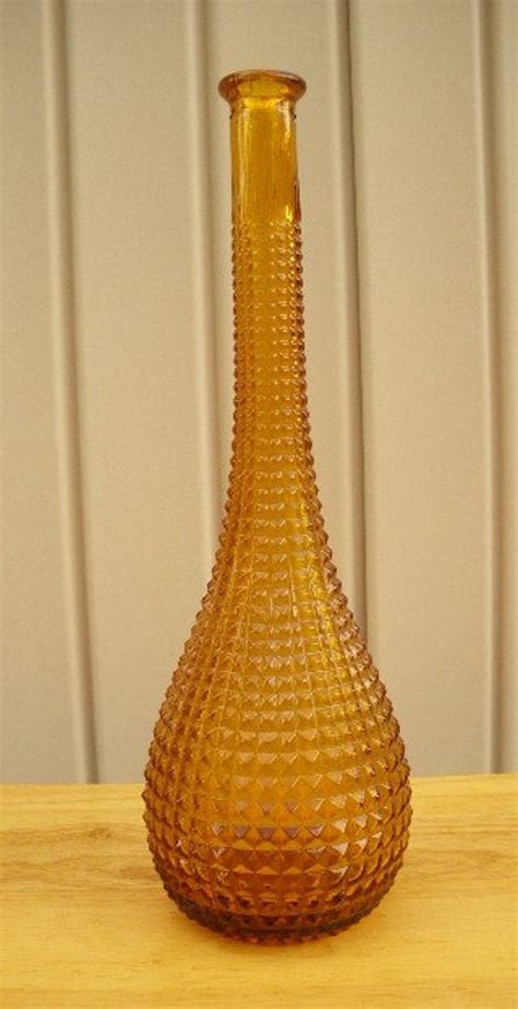 Vintage 60s Amber Cut Glass Tall Long Neck Vase By Catlady531