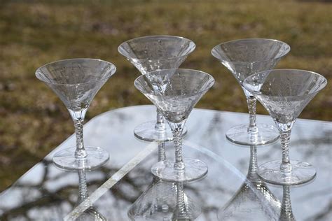 Vintage Etched Crystal Martini Glasses Set Of 5 Antique Crystal Etched Cocktail Glasses