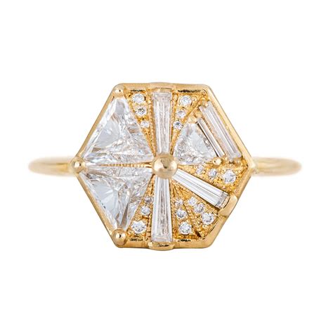 Hexagon Engagement Ring With Cluster Of Diamonds In 2020 Hexagon