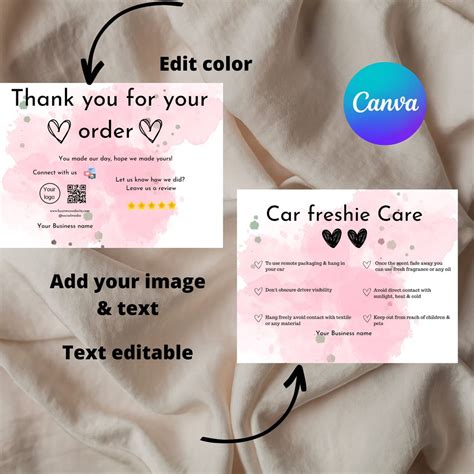 Car Freshie Care Card Instructions Canva Templatethank You Etsy