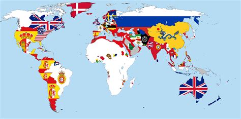 Карта мира с флагами государств поверх их территорий