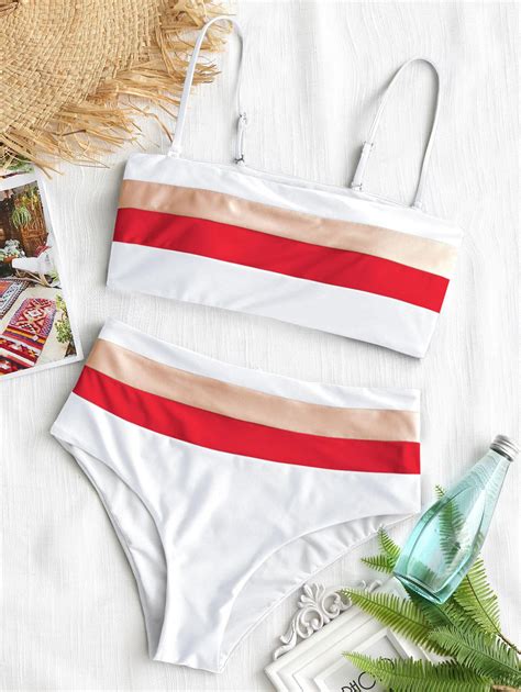 Cami Striped High Waisted Bikini In White Zaful 2024