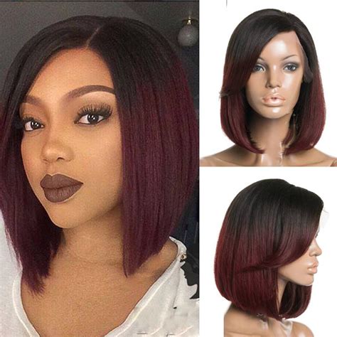Ombre Black To Dark Wine J Straight Short Bob Human Hair Lace Front