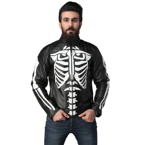 Leather Skin Men Skeleton Biker Motorcycle Genuine Leather Jacket With