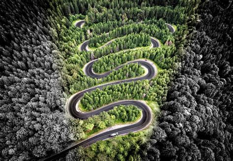 Aerial View Of A Winding Road In The Forest Stock Image Image Of