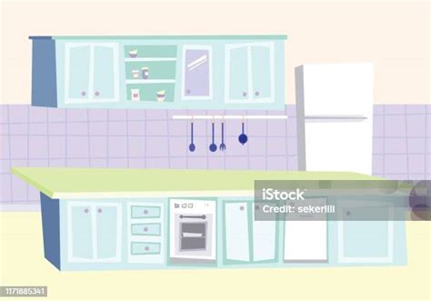Interior Dapur Kartun Dengan Lemari Es Oven Dan Peralatan Memasak