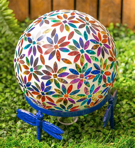 Multicolored Flower Mosaic Glass Gazing Ball Wind And Weather