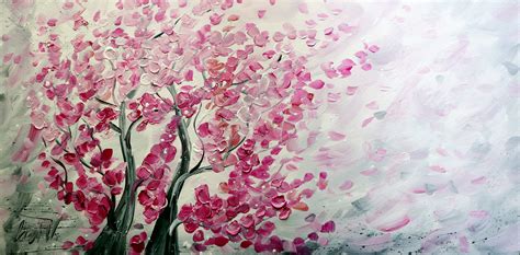 Sakura Blossom Original Painting Pink White Gray Abstract Trees Large