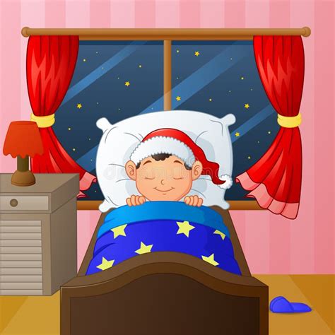 Boy Sleeping In Bedroom At Night Near Large Window Stock Vector