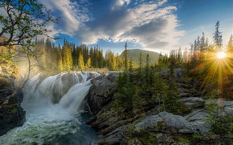 Nature Waterfall 1080p Rays Pine Landscape Forest Sun Rays