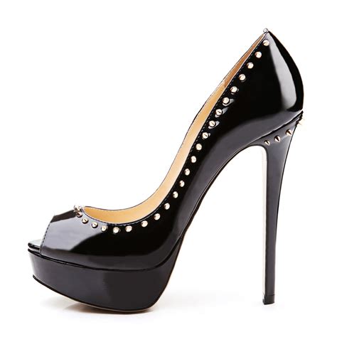 black platform peep toe stiletto pumps with rivet onlymaker