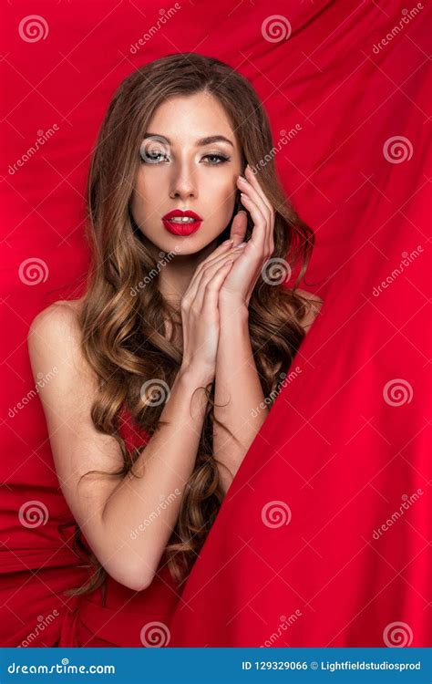 Glamorous Beautiful Woman Posing In Red Stock Photo Image Of