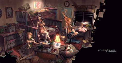 Hd Wallpaper Anime Girls Friends Messy Room Silent Night