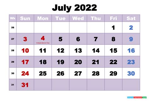Free 2022 Printable Calendar July As Word Pdf