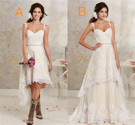 Discount 2016 Vintage High Low Country Wedding Dresses Cheap New Sexy Spaghetti Lace Tea Length