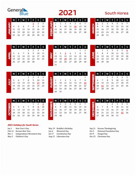 2021 South Korea Calendar With Holidays