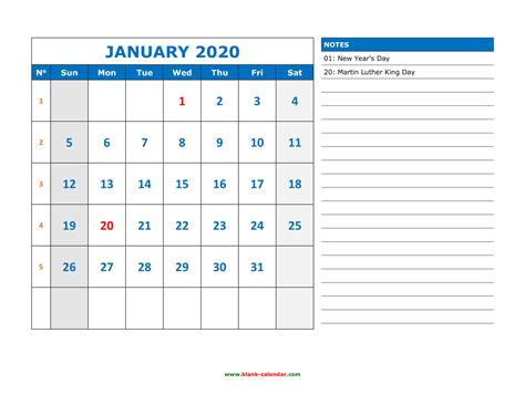 Free Download Printable Calendar 2020 Large Space For Appointment And