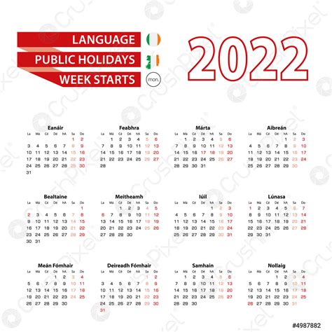 Calendar 2022 In Irish Language With Public Holidays The Country